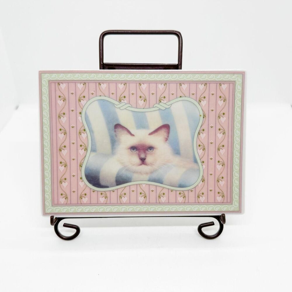 Vintage Porcelain Tile Plaque Art Persian Siamese Cat Cottagecore 80's 90's